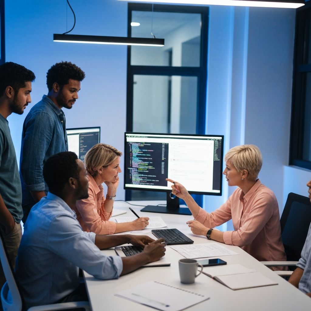 Team reviewing software demos in a weekly sprint meeting