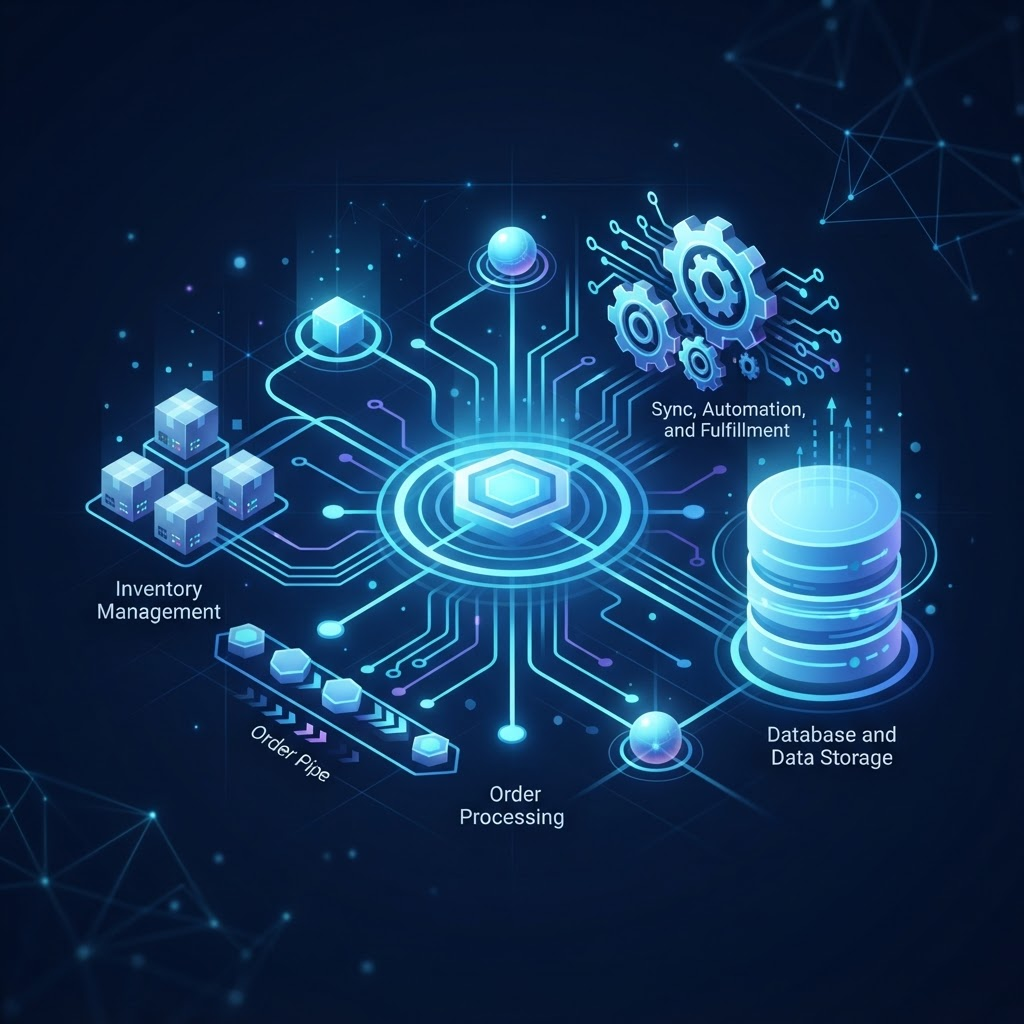 Abstract visualization of ecommerce backend operations and custom software