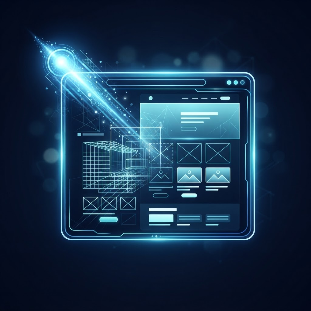 AI-assisted website being assembled from wireframe blocks into a polished layout